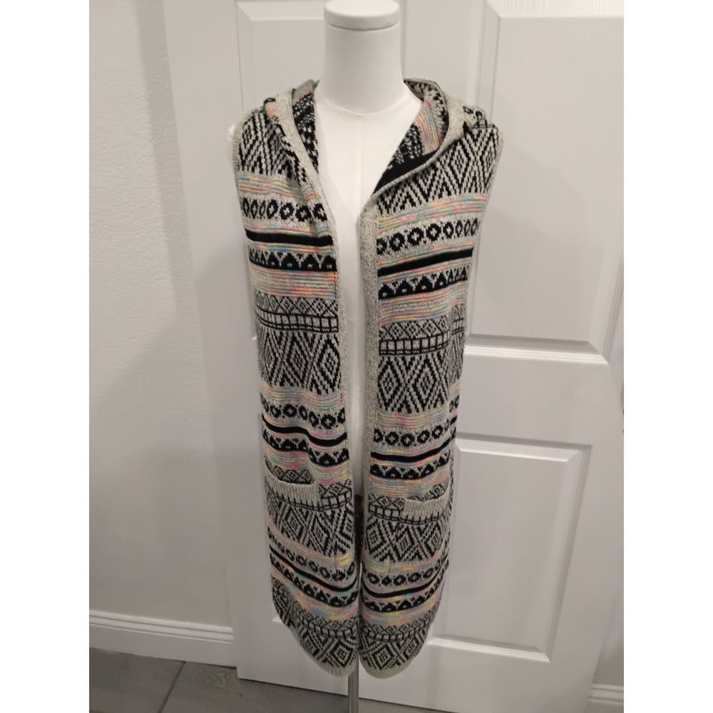 Monteau Women's Hooded Long Vest Geometric Print Open Front Pockets Size L